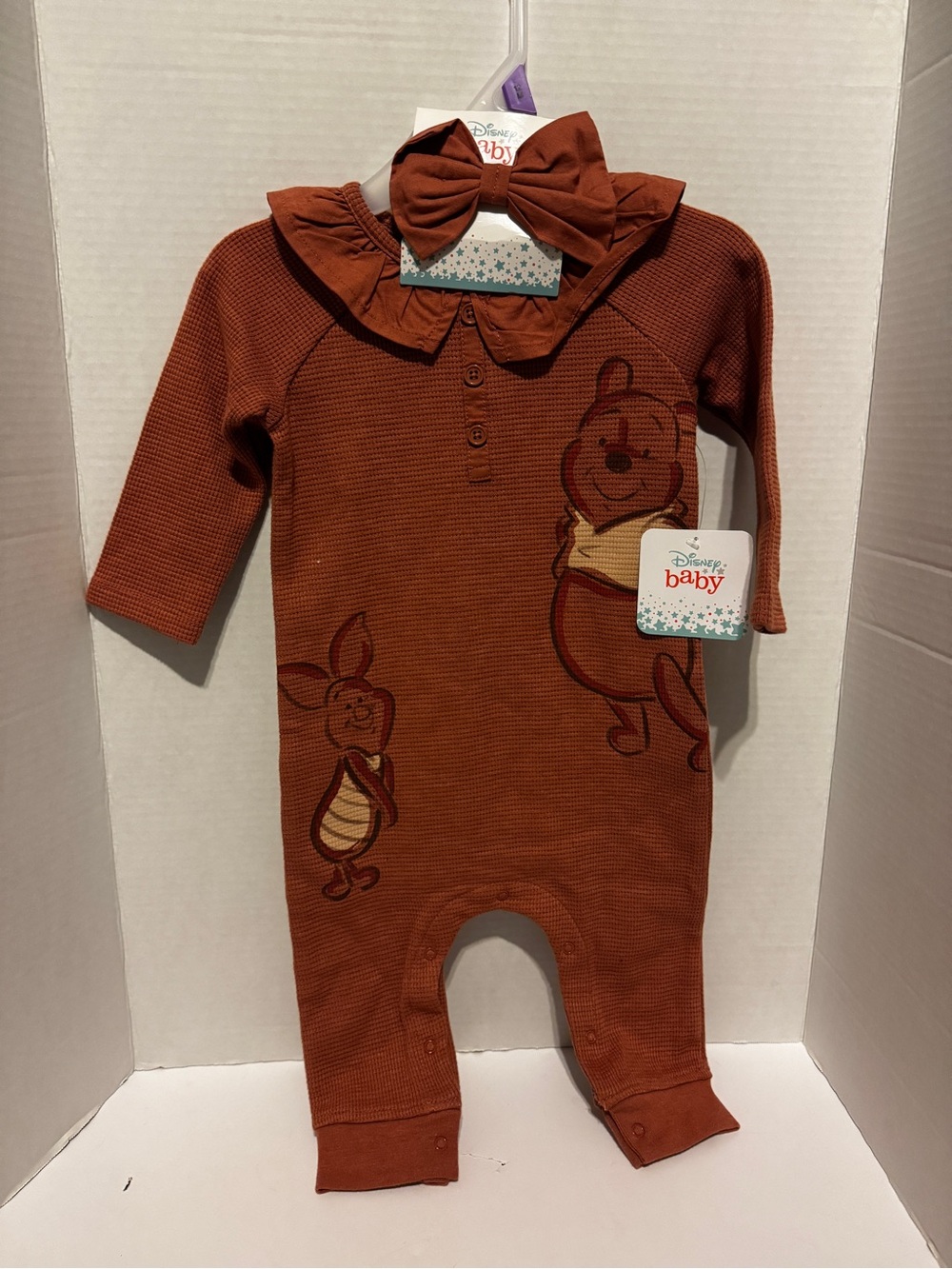 Disney Rust Winnie the Pooh & Piglet Waffle-Knit One-Piece with Bow Size 12M